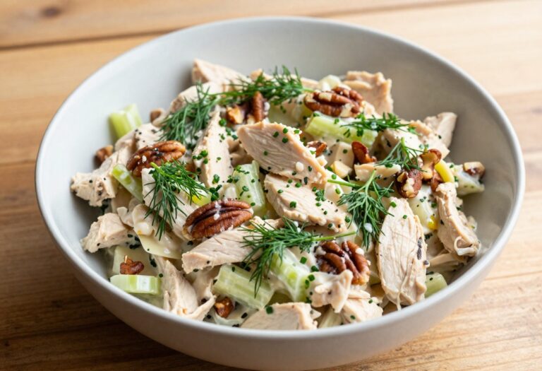 Bowl of creamy chicken salad with fresh herbs and pecans on a wooden table