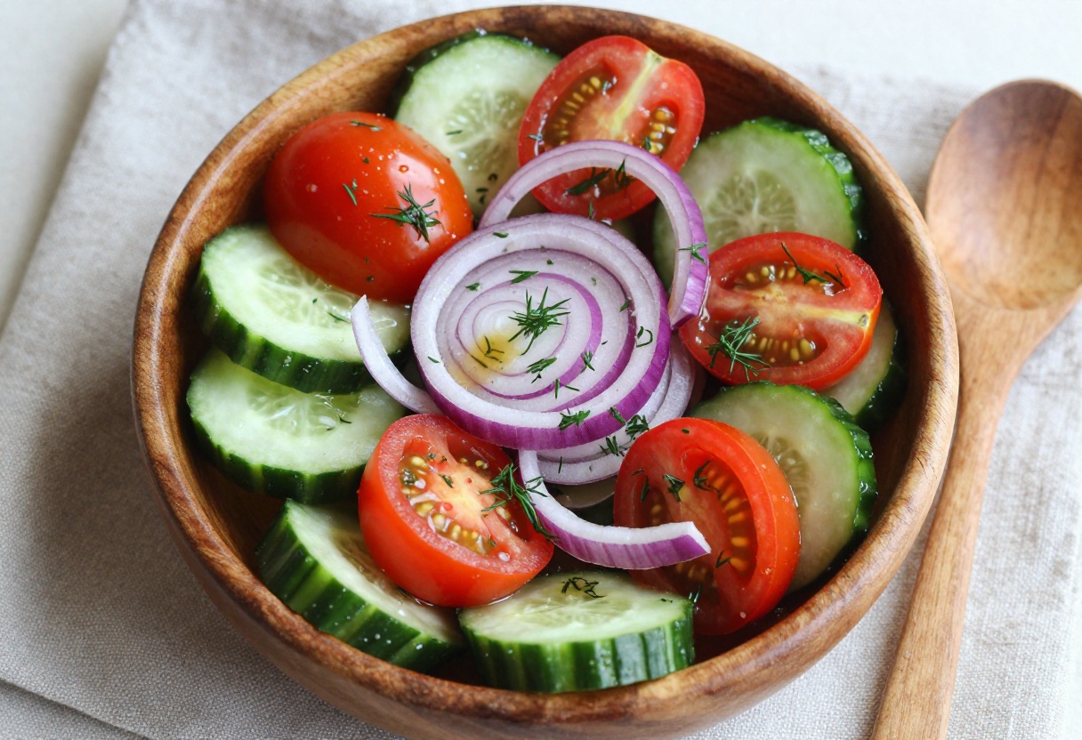 Fresh cucumber and tomato salad with red onion and herbs in a wooden bowl