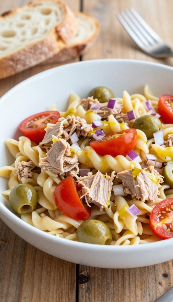 A close-up view of a Mediterranean tuna pasta salad in a bowl, showcasing pasta, tuna, tomatoes, olives, and red onion, with natural lighting and a clean composition.