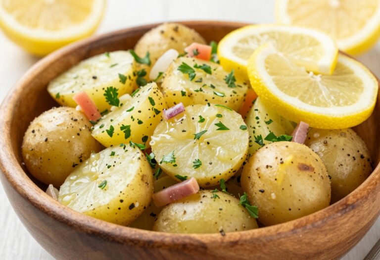 A colorful German potato salad with fresh herbs and vegetables in a wooden bowl, showcasing a light and fresh presentation.