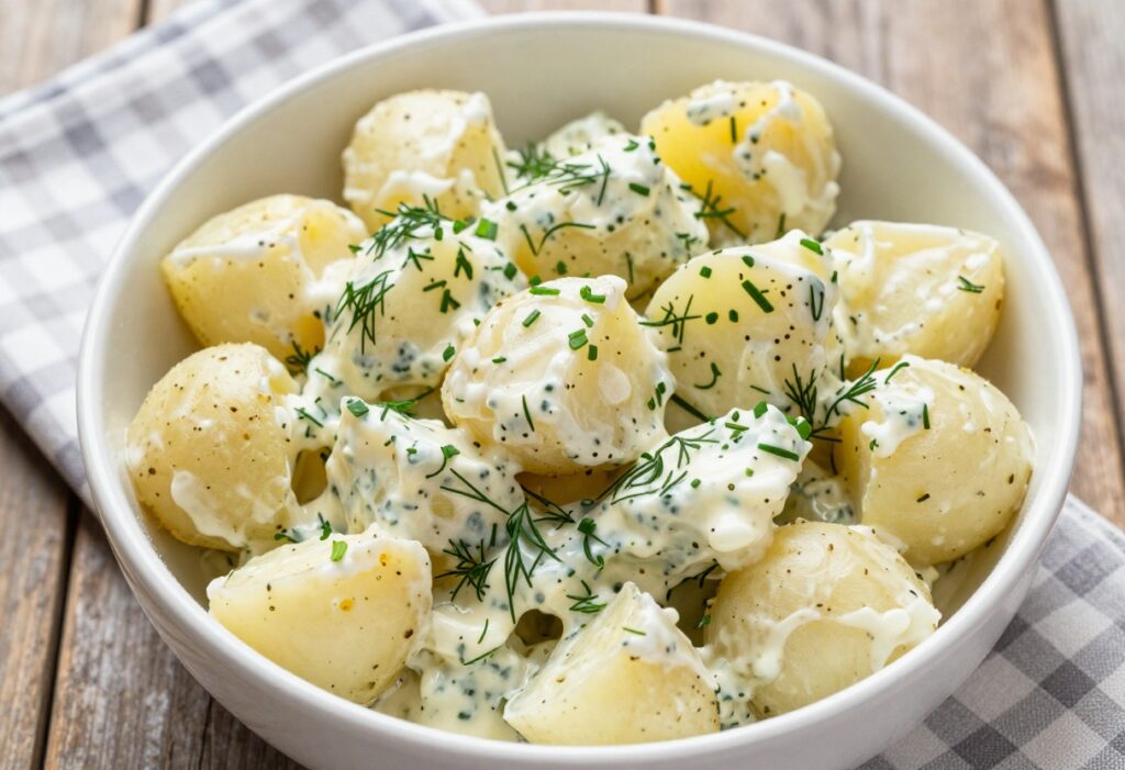 Creamy ranch potato salad with fresh herbs in a white bowl on a wooden table