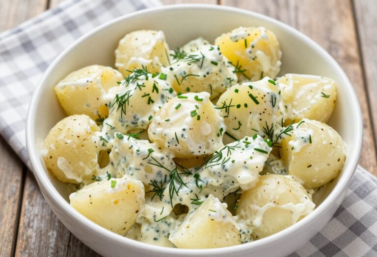 Creamy ranch potato salad with fresh herbs in a white bowl on a wooden table