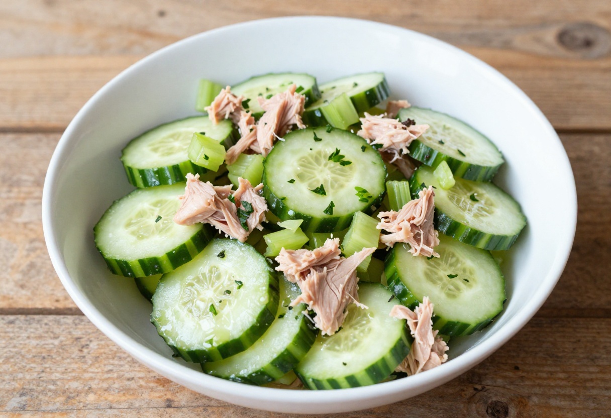 Tangy tuna cucumber salad with celery in a white bowl, ready to serve