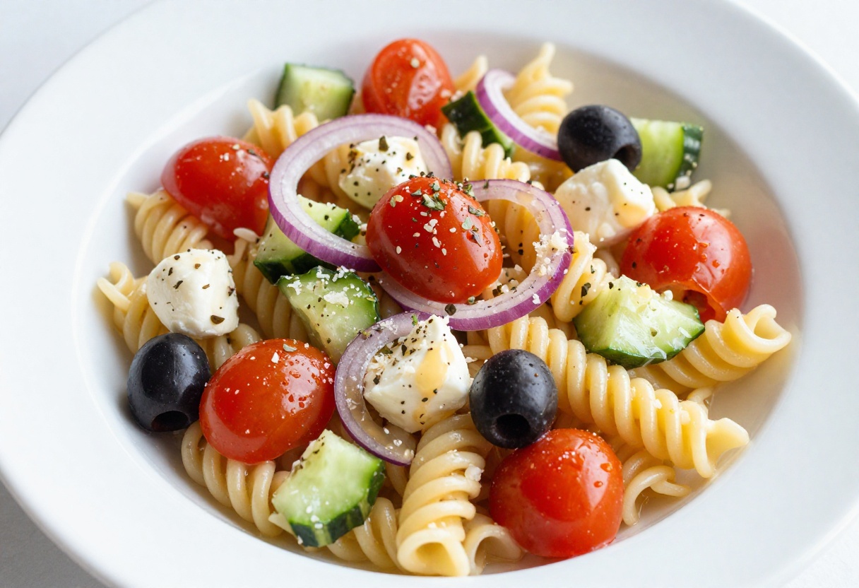 Bowl of Olive Garden style pasta salad with Italian dressing, cherry tomatoes, cucumber, red onion, black olives, and mozzarella cheese.