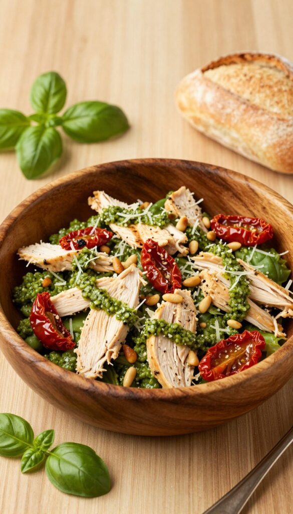 Pesto chicken salad with sun-dried tomatoes in a wooden bowl