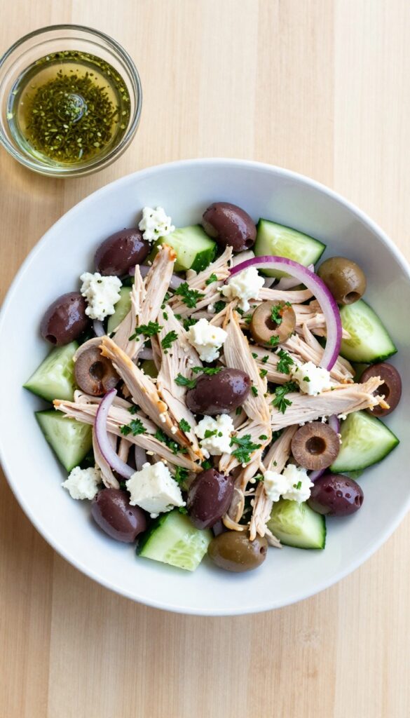 Greek chicken salad with feta and olives in a bowl