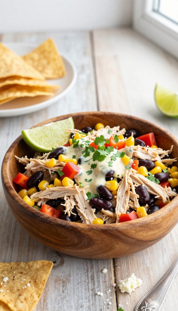 Spicy Southwest chicken salad with corn and black beans in a wooden bowl with tortilla chips and cotija cheese.