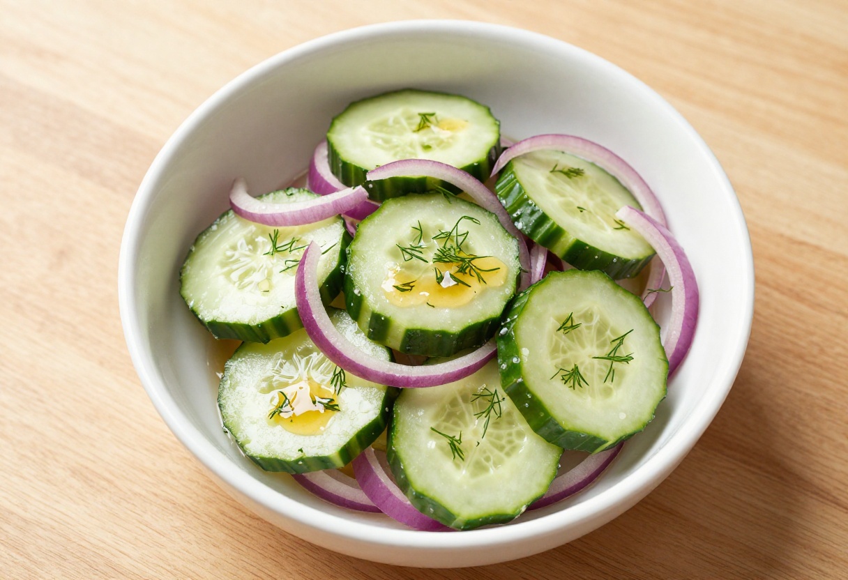 Fresh cucumber and red onion salad with vinegar dressing in a white bowl