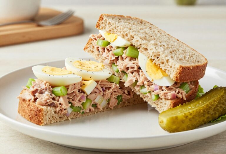 A close-up view of a tuna egg salad sandwich, showcasing its creamy filling and fresh ingredients, perfect for a recipe blog featured image.