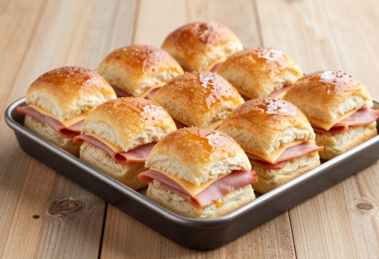 Baked ham and Swiss cheese sliders on Hawaiian rolls in a baking dish.