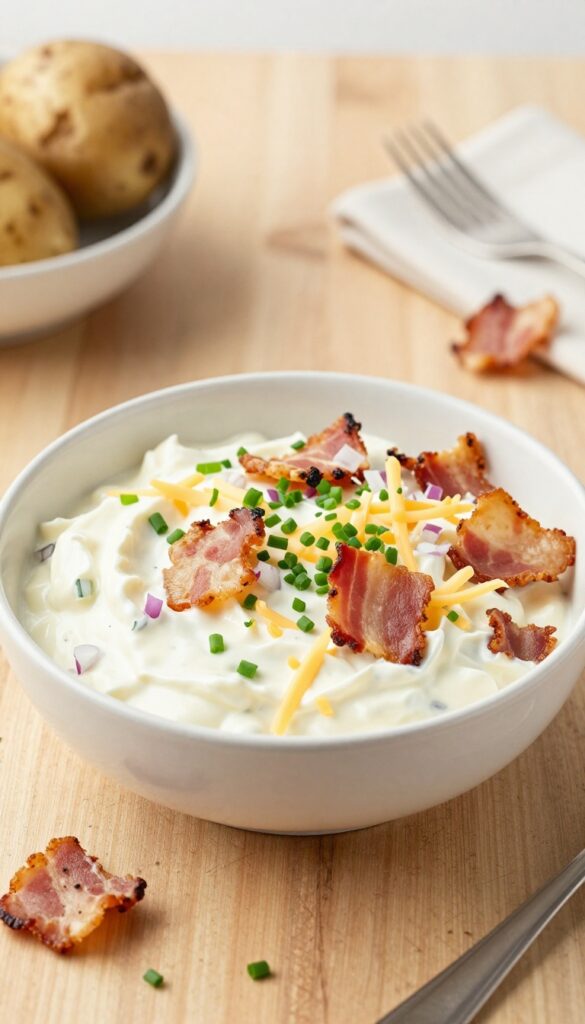 A bowl of smoky bacon and cheddar potato salad with creamy dressing, crispy bacon, and sharp cheddar cheese, garnished with red onion and chives, on a rustic wooden table in natural light.