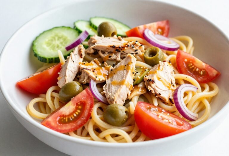 A bowl of cold chicken pasta salad with Italian dressing, showcasing tender chicken, pasta, crisp vegetables, and a vibrant dressing, perfect for a quick and satisfying meal.