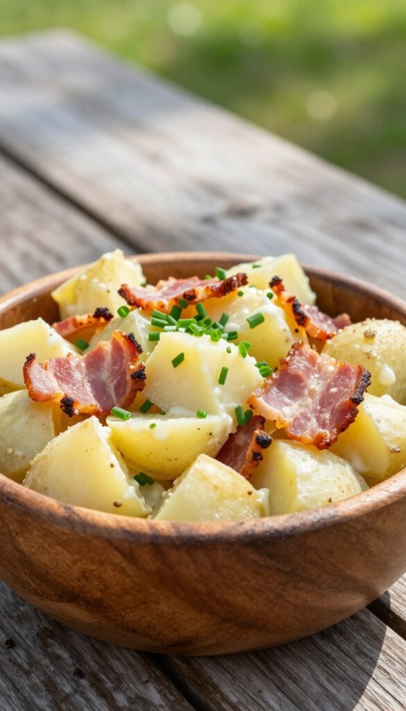 A bowl of smoky bacon and chive potato salad with crispy bacon and fresh herbs, served on a wooden table in a sunny backyard setting
