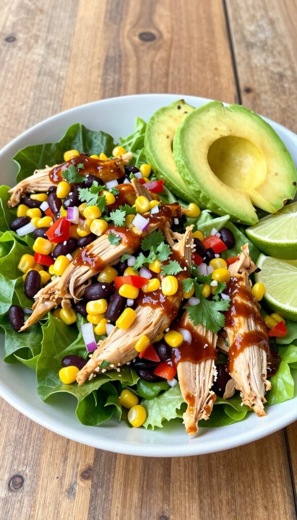 Smoky BBQ chicken salad with corn and black beans on a wooden table