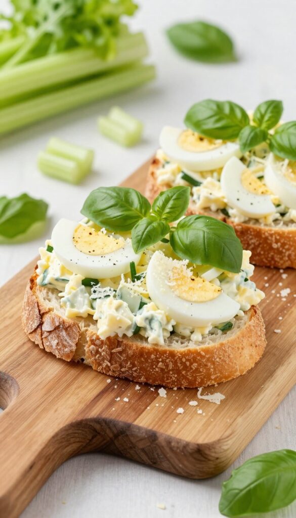 Italian egg salad sandwich with basil and giardiniera on a wooden board, showcasing fresh ingredients in natural light