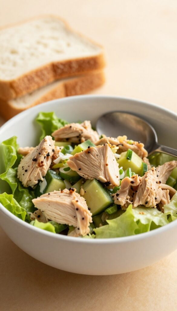 Chicken salad in a bowl with a spoon and bread on the side.