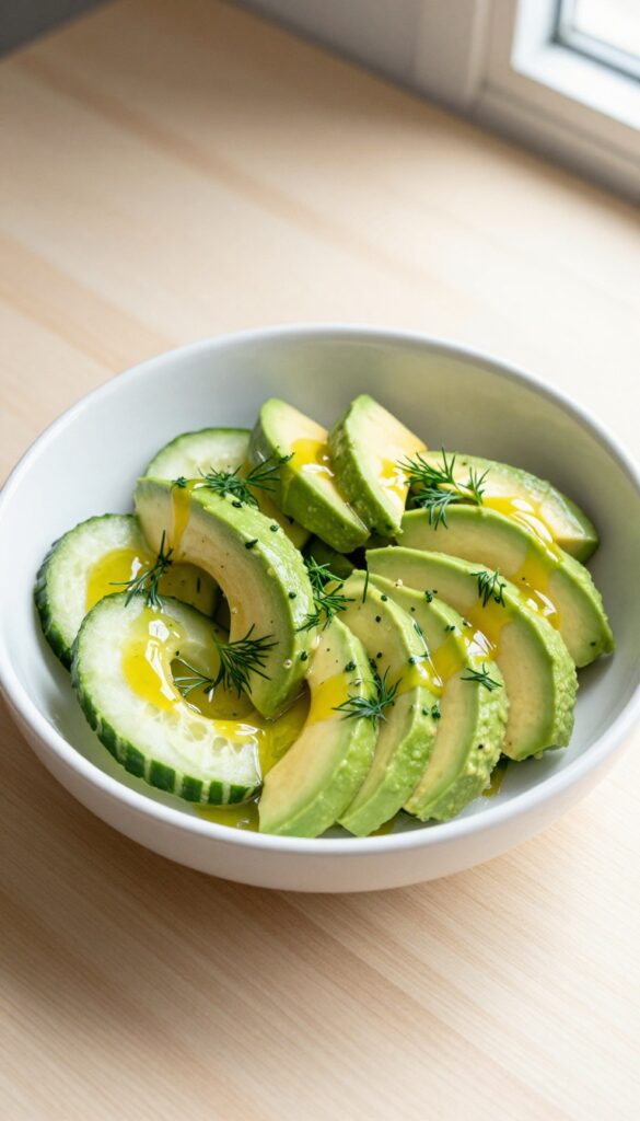 Creamy avocado cucumber salad with lemon olive oil dressing in a white bowl on a wooden table