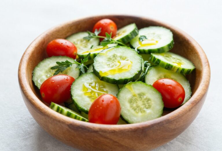 A bowl of fresh cucumber salad with olive oil drizzle