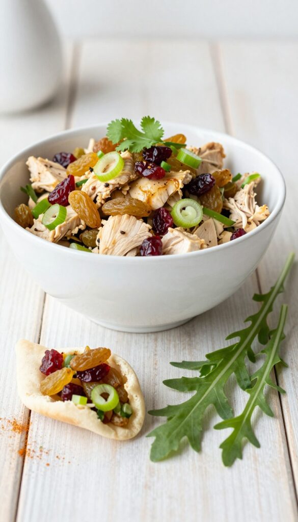 Curried chicken salad with cranberries and golden raisins in a bowl, served in a pita pocket.