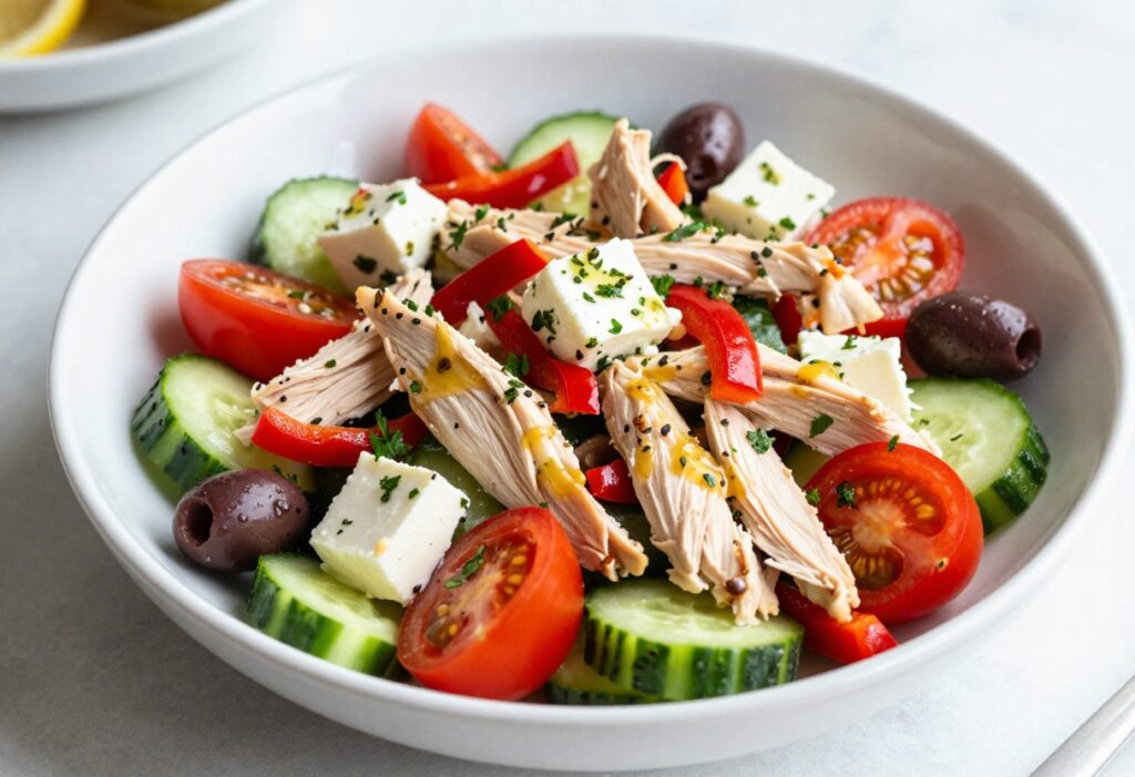 Greek chicken salad in a white bowl with tomatoes, cucumber, olives, and feta