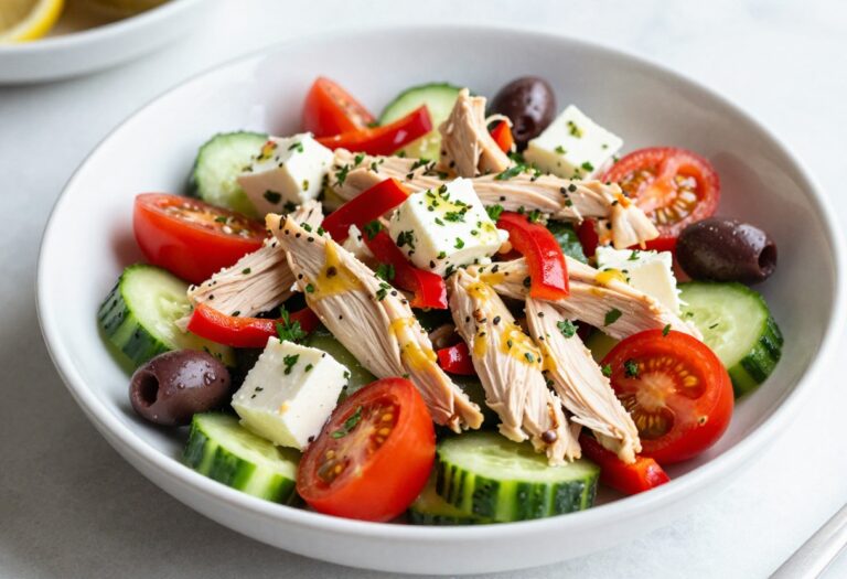 Greek chicken salad in a white bowl with tomatoes, cucumber, olives, and feta