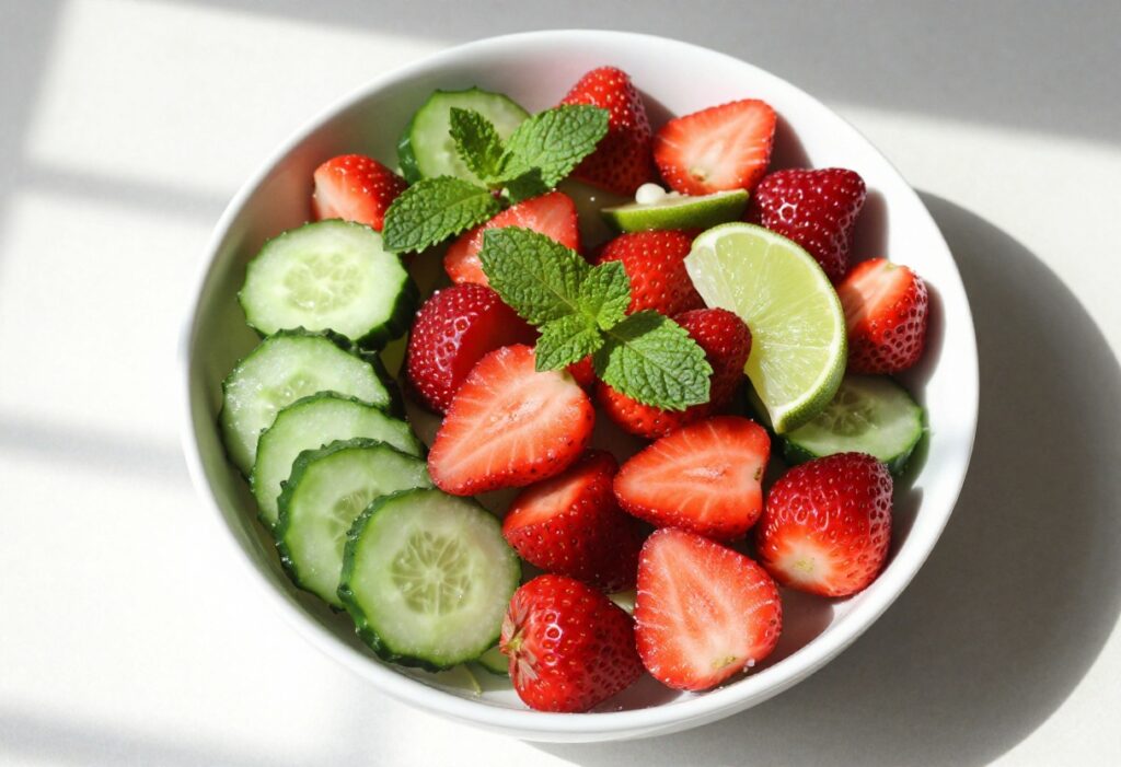 Strawberry cucumber salad with mint in a white bowl, overhead view