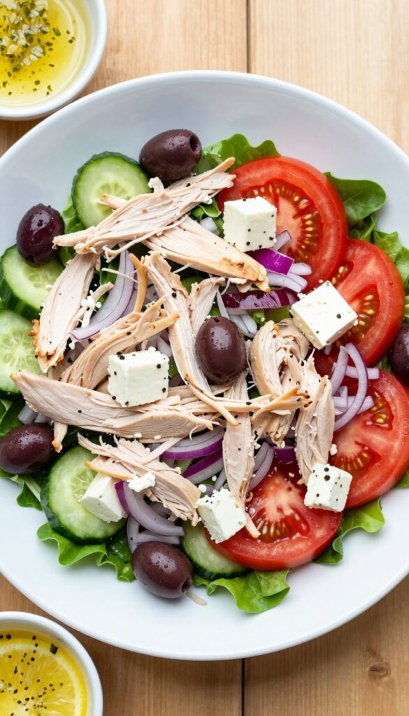 Greek chicken salad with feta and olives on a plate