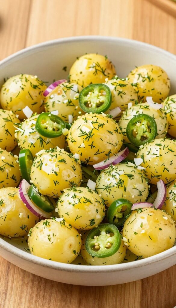 A close-up of spicy dill potato salad with jalapeños in a ceramic bowl, showcasing creamy potatoes, fresh dill, and jalapeños under natural light.