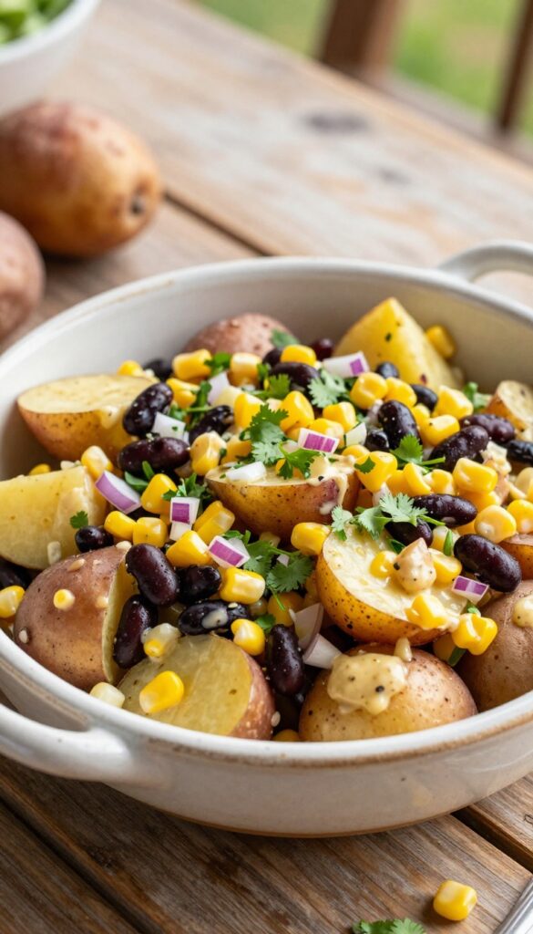 A vibrant Southwest potato salad with red potatoes, corn, black beans, and cilantro in a creamy dressing, served in a rustic bowl on a wooden table, perfect for sunny picnics.