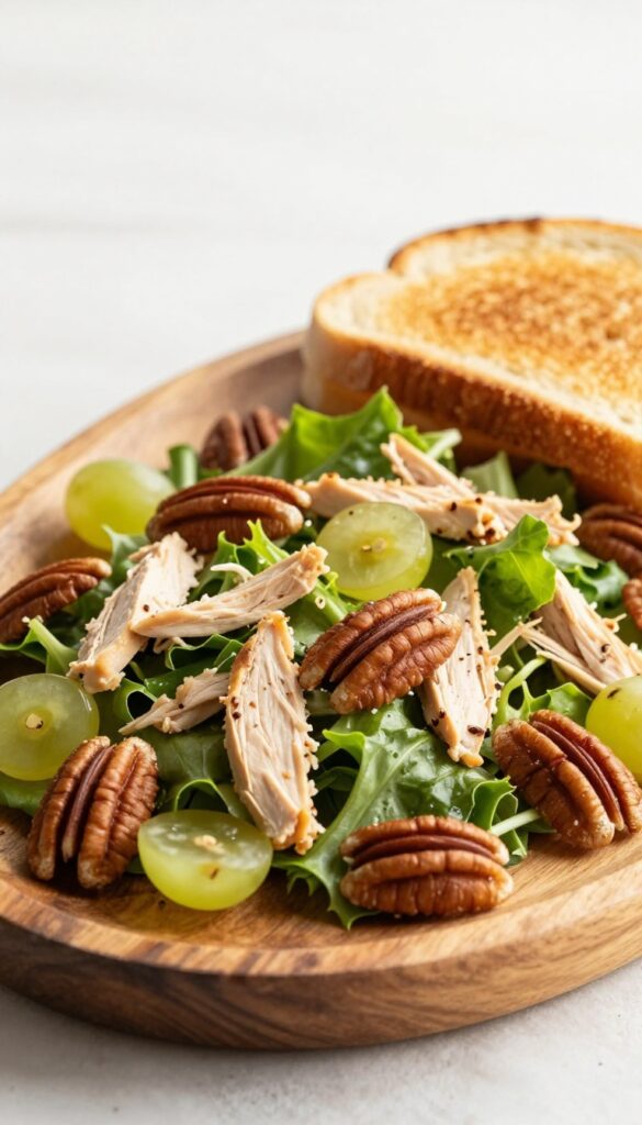 Side view of chicken salad on a plate with toast