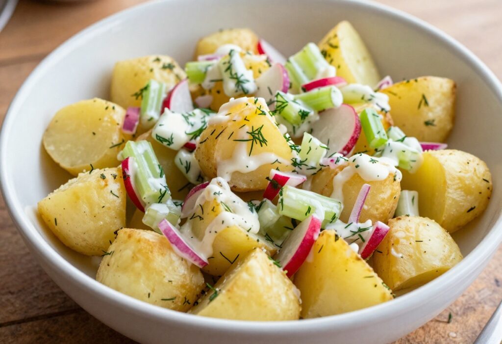 Crispy potato salad with crunchy vegetables in a bowl