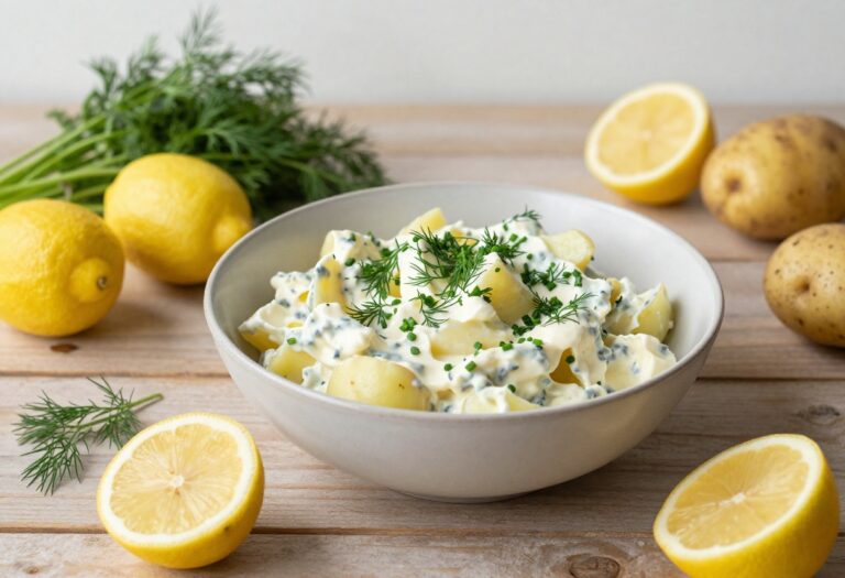 A bowl of classic potato salad with fresh herbs on a wooden table, surrounded by summer ingredients.