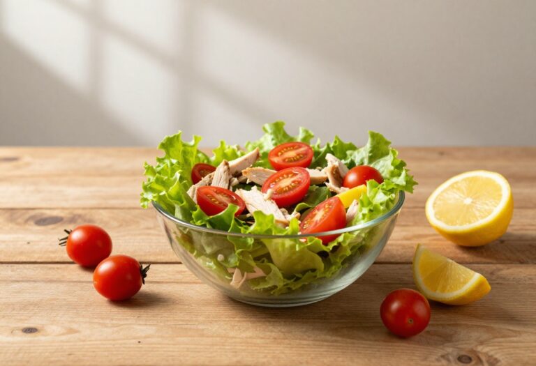 A bowl of chicken salad on a wooden table with fresh ingredients around it.