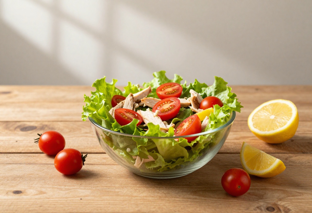 A bowl of chicken salad on a wooden table with fresh ingredients around it.