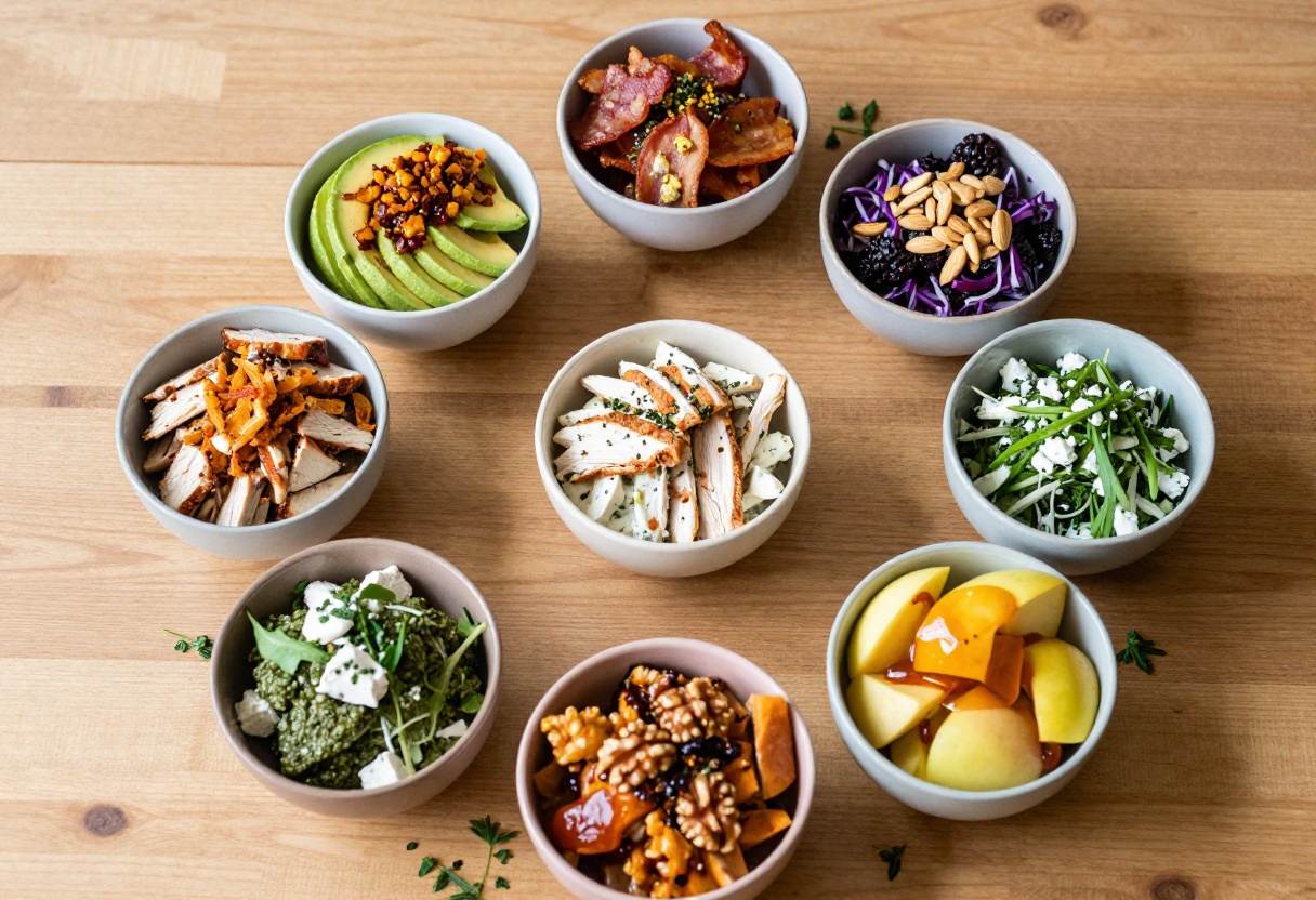 Seven small bowls of different chicken salads arranged on a wooden table, each with unique ingredients and colors.