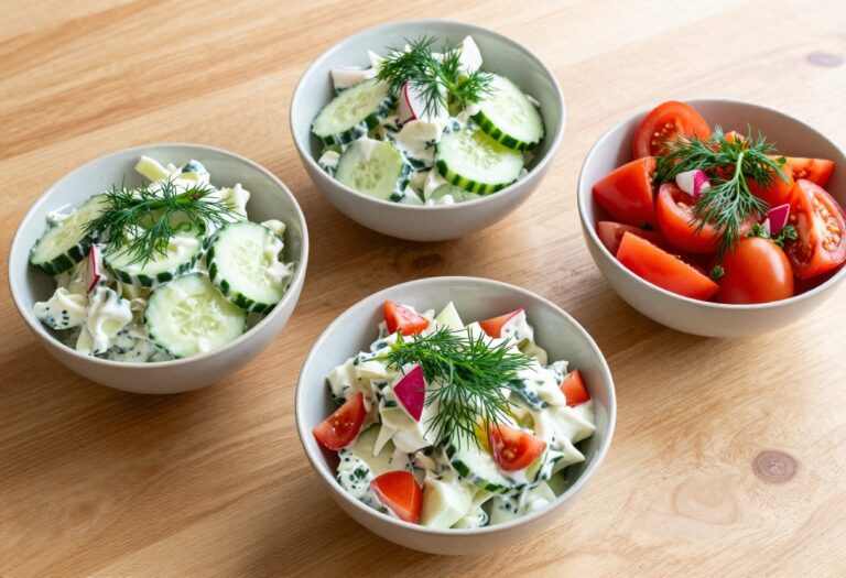 Overhead view of various cucumber salads with dill on a wooden table