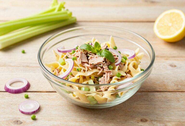 A colorful and appetizing cold tuna pasta salad in a glass bowl, featuring pasta, tuna, and fresh vegetables, set on a wooden table with natural lighting, ideal for a blog about easy lunch recipes.