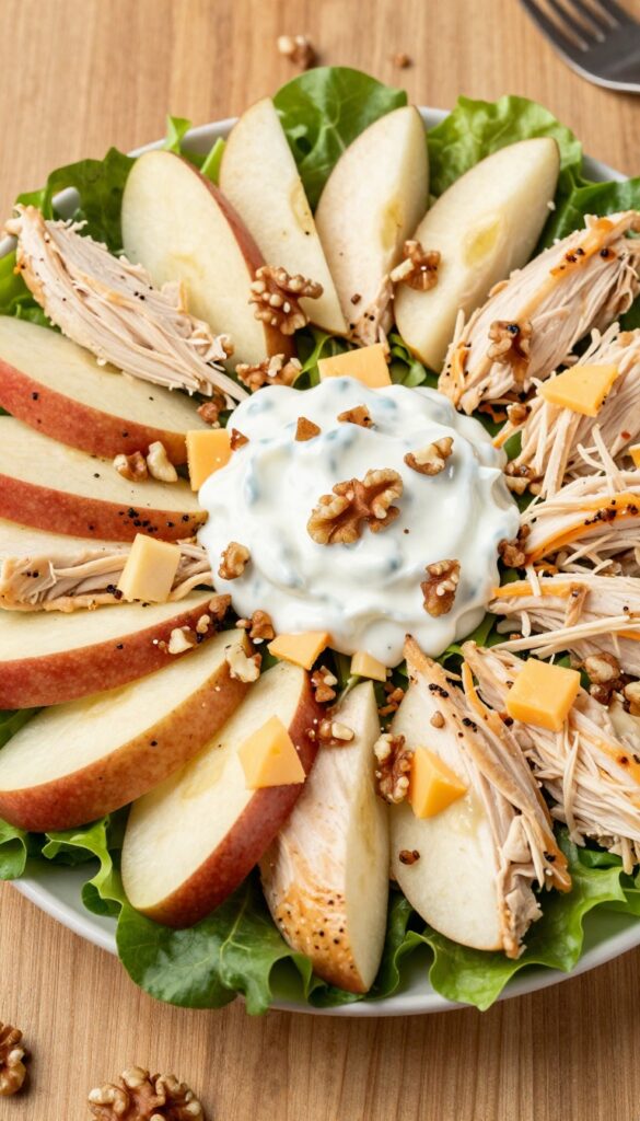 Apple cheddar chicken salad in a bowl with mixed greens and walnuts