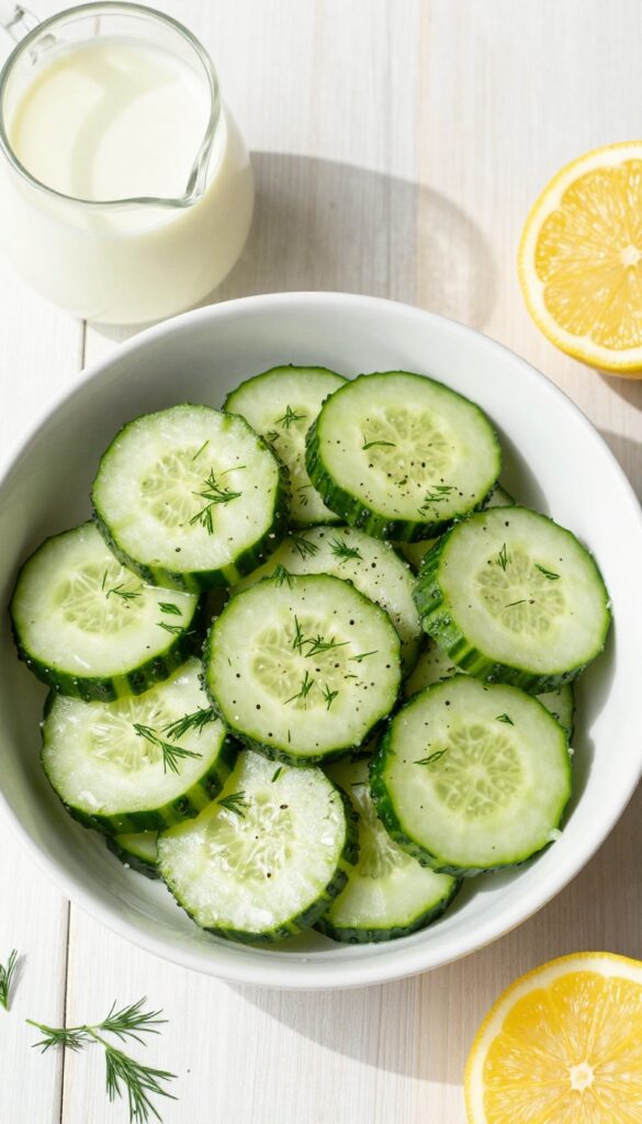 Lemon-dill cucumber salad with black pepper in a white bowl on a wooden table
