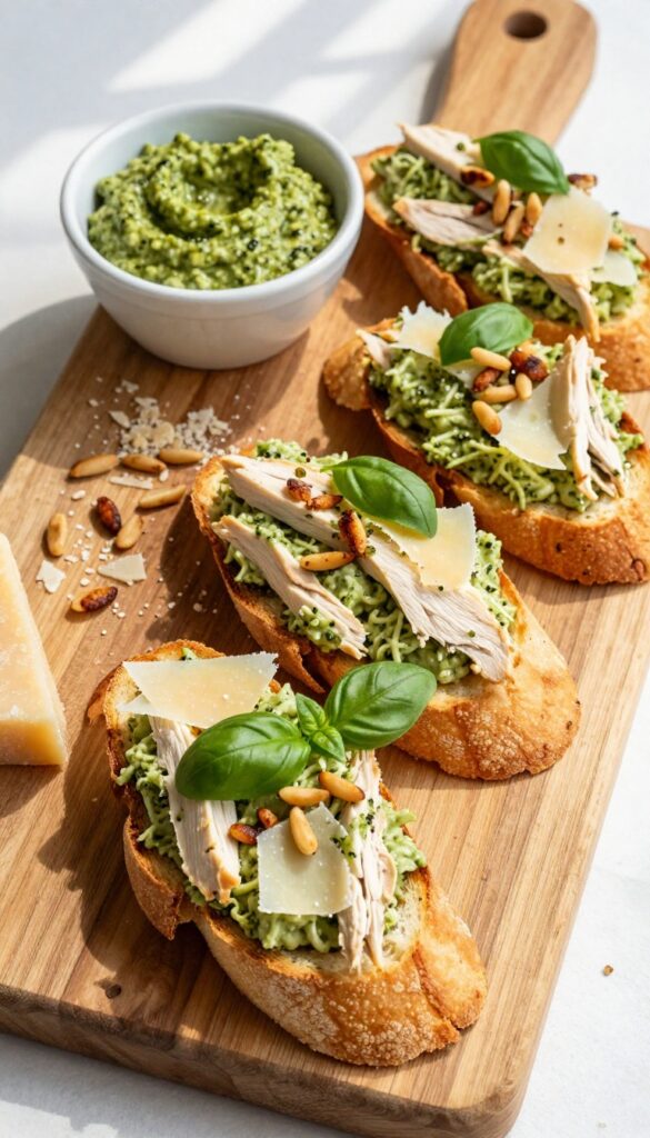 Pesto Parmesan chicken salad on crostini with shaved Parmesan and pine nuts