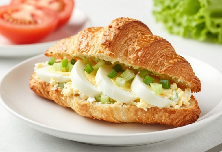 Egg salad croissant sandwich with creamy filling and fresh ingredients on a plate, perfect for brunch.