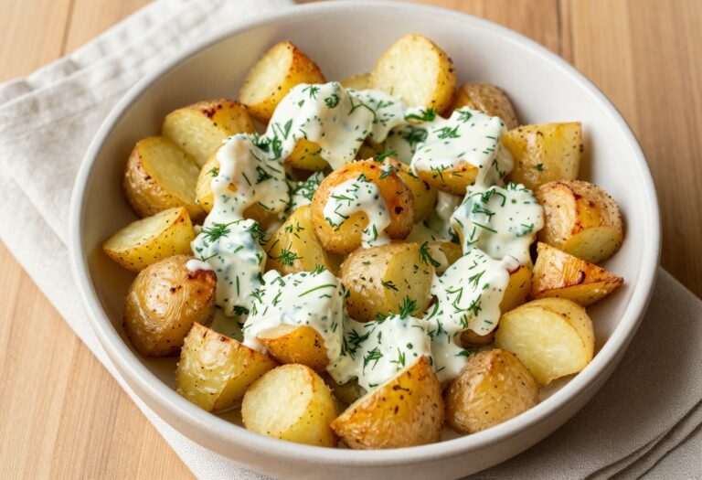 Roasted potato salad with crispy potatoes and creamy herb dressing in a ceramic bowl