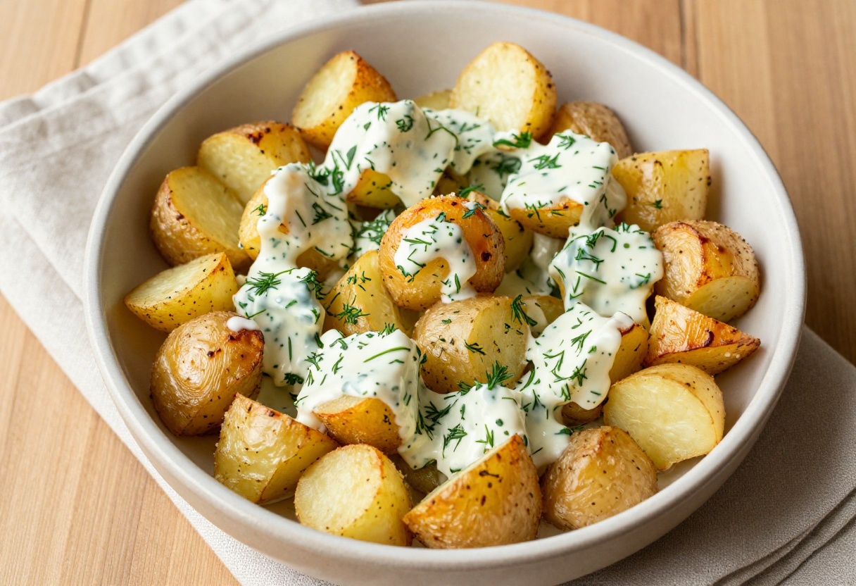 Roasted potato salad with crispy potatoes and creamy herb dressing in a ceramic bowl