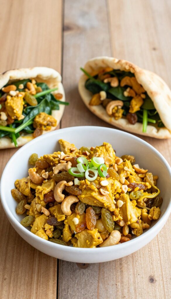 Curry chicken salad with raisins and cashews in a bowl next to a stuffed pita pocket.