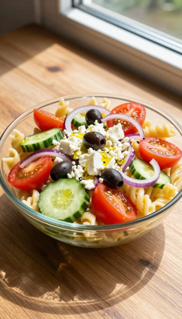 A classic Greek Mediterranean pasta salad with rotini pasta, cherry tomatoes, cucumber, red onion, Kalamata olives, and feta cheese in a glass bowl on a wooden table, bathed in natural light.