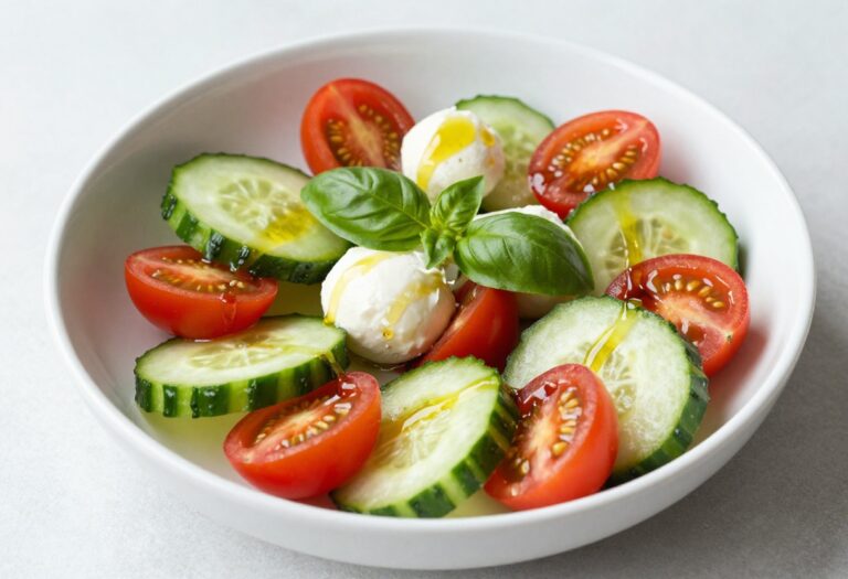 Fresh Cucumber Caprese Salad with tomatoes and mozzarella in a bowl