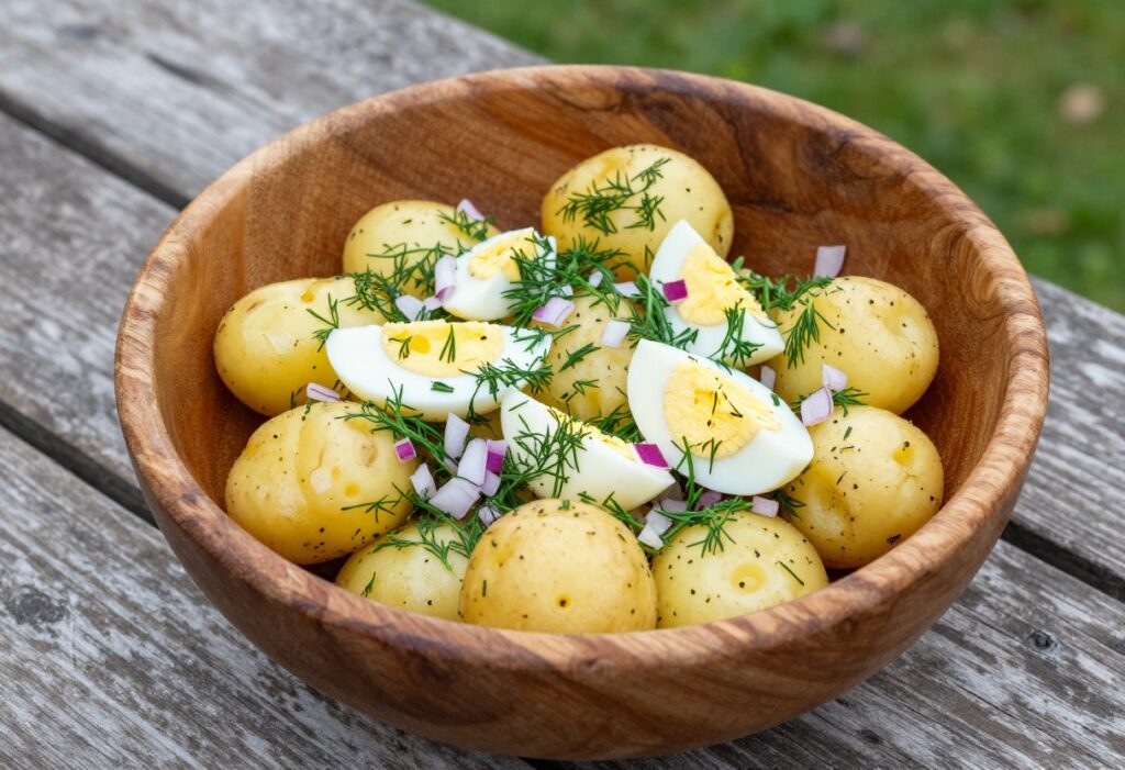 Warm potato salad in a wooden bowl with fresh dill and eggs, ready for summer serving