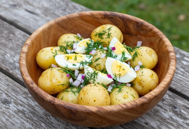Warm potato salad in a wooden bowl with fresh dill and eggs, ready for summer serving