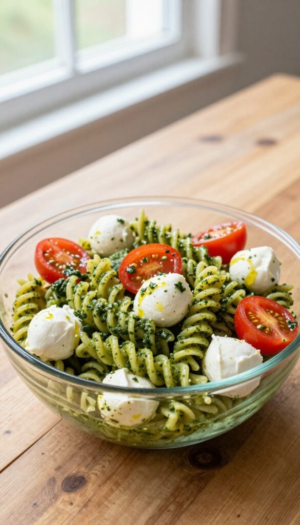 A close-up view of a classic cold pesto pasta salad with fusilli pasta, basil pesto, cherry tomatoes, and mozzarella balls in a glass bowl, showcasing fresh ingredients in natural light for a blog-friendly recipe section.
