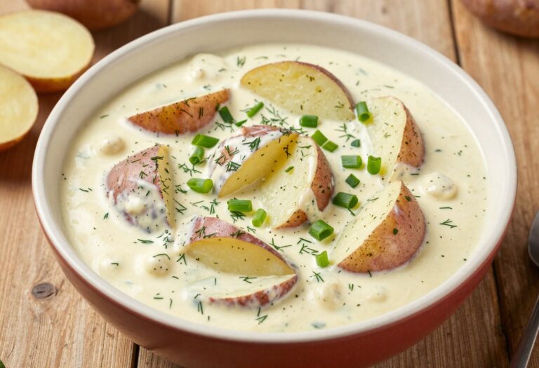 Creamy red skin potato salad with fresh herbs in a ceramic bowl